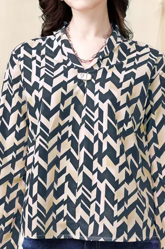 Cream beige dark blue geometric print golden show button polyester stiched Shirt