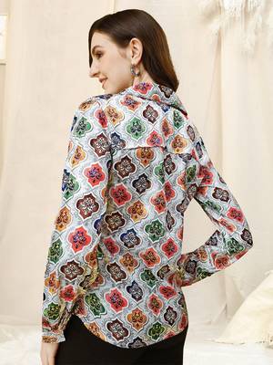 Grey multicolor colorblock print button placket satin stiched Shirt 3