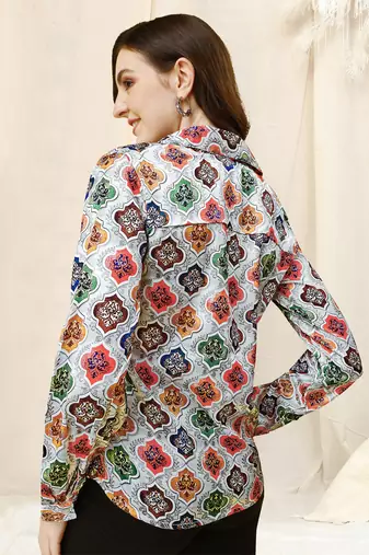 Grey multicolor colorblock print button placket satin stiched Shirt