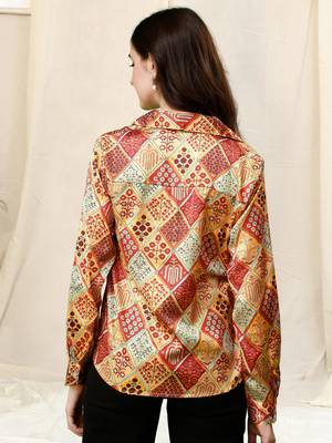 Beige red colorblock print button placket satin stiched Shirt 4