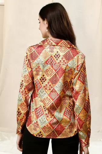 Beige red colorblock print button placket satin stiched Shirt