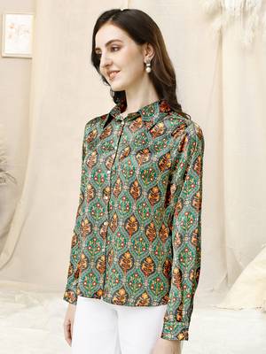 Teal grey ajrak print button placket satin stiched Shirt 3