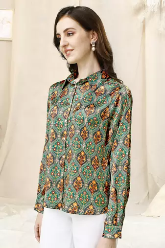 Teal grey ajrak print button placket satin stiched Shirt