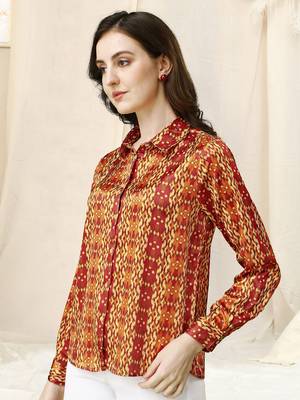 Off white red ikkat print button placket satin stiched Shirt 3