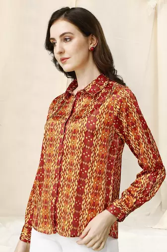 Off white red ikkat print button placket satin stiched Shirt