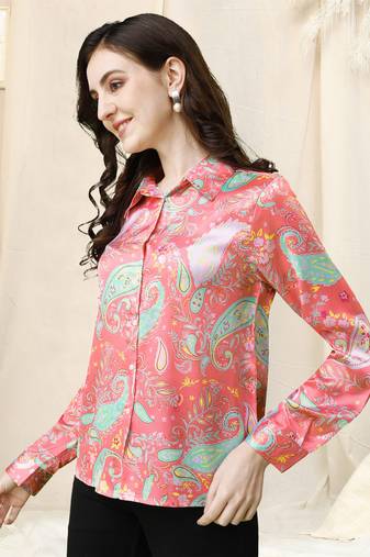 Peach sky blue paisley print button placket satin stiched Shirt