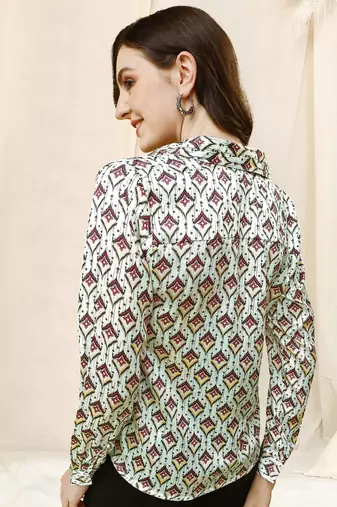 Cream black block print button placket satin stiched Shirt