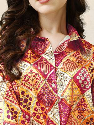 Beige red colorblock print button placket satin stiched Shirt 5