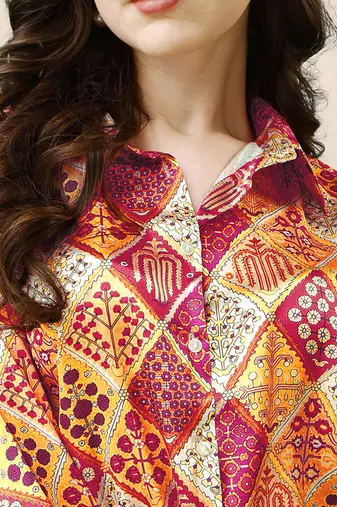 Beige red colorblock print button placket satin stiched Shirt
