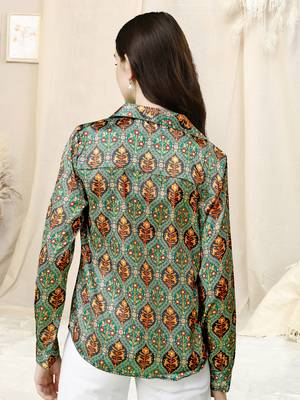 Teal grey ajrak print button placket satin stiched Shirt 4