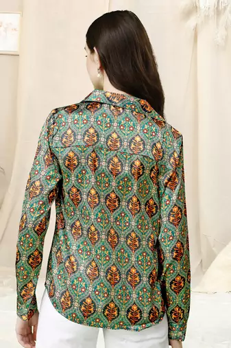 Teal grey ajrak print button placket satin stiched Shirt