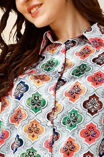 Grey multicolor colorblock print button placket satin stiched Shirt