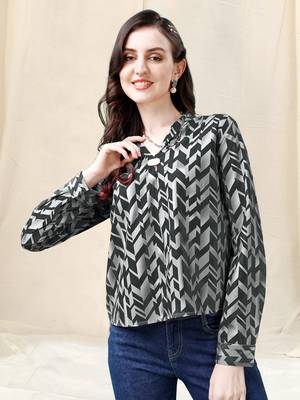 Light grey black geometric print golden show button polyester stiched Shirt 2