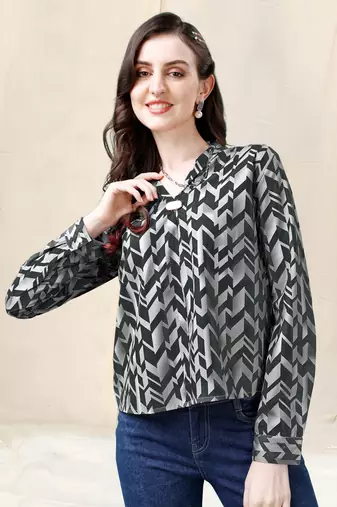 Light grey black geometric print golden show button polyester stiched Shirt