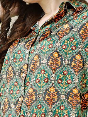 Teal grey ajrak print button placket satin stiched Shirt 5