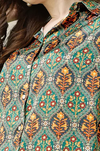 Teal grey ajrak print button placket satin stiched Shirt