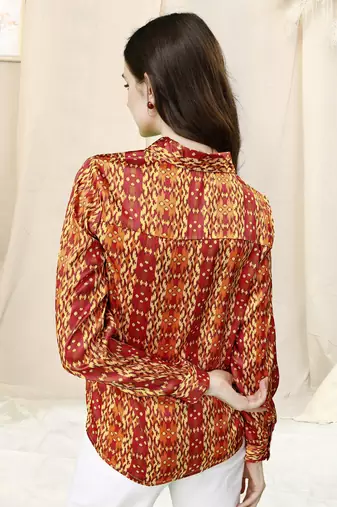 Off white red ikkat print button placket satin stiched Shirt
