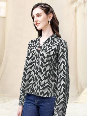 Light grey black geometric print golden show button polyester stiched Shirt 3