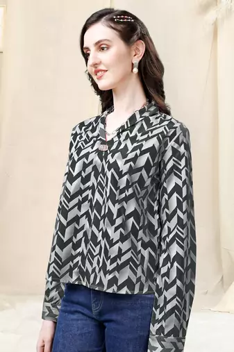 Light grey black geometric print golden show button polyester stiched Shirt