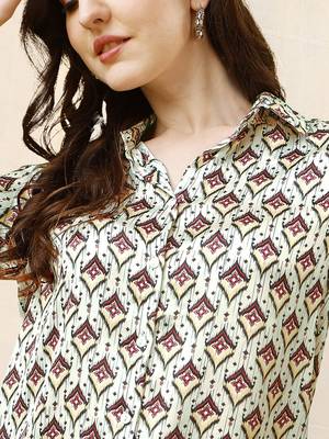 Cream black block print button placket satin stiched Shirt 5