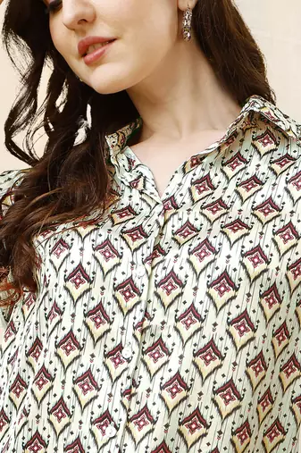 Cream black block print button placket satin stiched Shirt