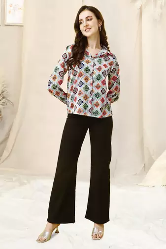 Grey multicolor colorblock print button placket satin stiched Shirt