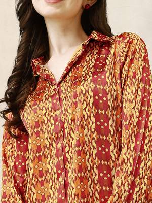 Off white red ikkat print button placket satin stiched Shirt 5