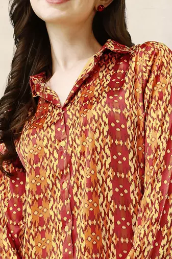 Off white red ikkat print button placket satin stiched Shirt