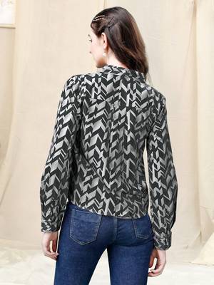 Light grey black geometric print golden show button polyester stiched Shirt 4
