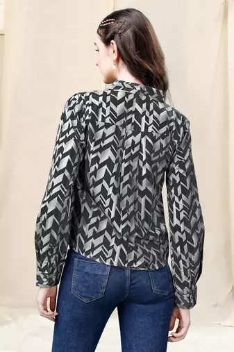 Light grey black geometric print golden show button polyester stiched Shirt