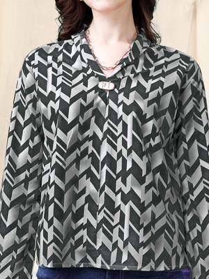 Light grey black geometric print golden show button polyester stiched Shirt 5