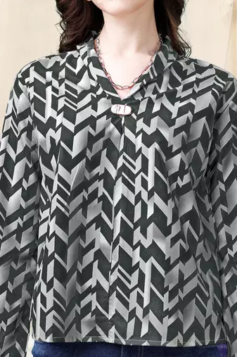 Light grey black geometric print golden show button polyester stiched Shirt