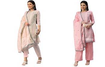Manvaa Women'S EXCLUSIVE Peach And Pink Color Heavy Thread Embrodiery Cotton Combo Dress Material 1