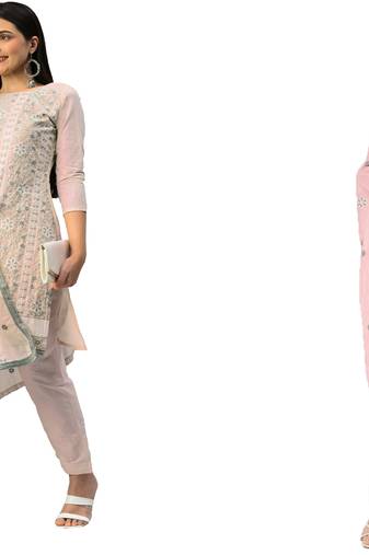 Manvaa Women'S EXCLUSIVE Peach And Pink Color Unstitched Heavy Thread Embrodiery  Cotton Combo Dress Material 