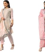 Manvaa Women'S EXCLUSIVE Peach And Pink Color Heavy Thread Embrodiery Cotton Combo Dress Material