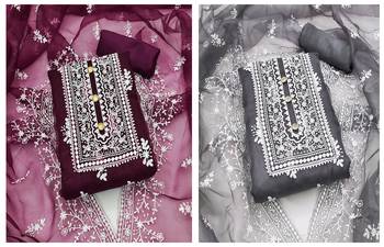 Manvaa Women'S elegant Grey And Magenta Color Heavy Thread Embrodiery Combo Dress Material 1