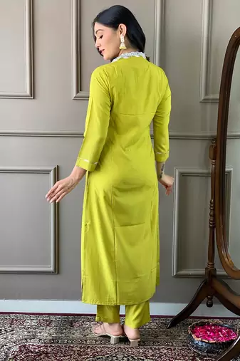 Lemon colour viscosee fabric printed and embroidered partywear suit