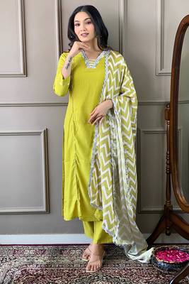 Lemon colour viscosee fabric printed and embroidered partywear suit 4