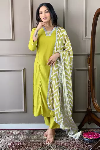 Lemon colour viscosee fabric printed and embroidered partywear suit