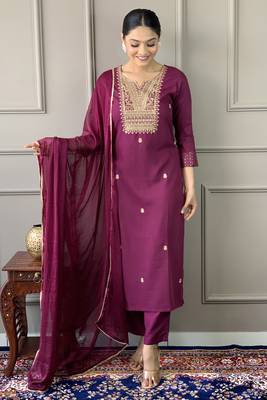 Wine colour rayon slub fabric designer printed and embroidered partywear suit 1