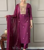 Wine colour rayon slub fabric designer printed and embroidered partywear suit