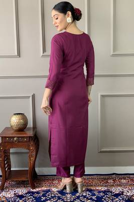 Wine colour rayon slub fabric designer printed and embroidered partywear suit 2