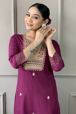 Wine colour rayon slub fabric designer printed and embroidered partywear suit 3