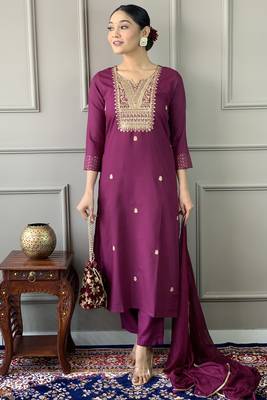 Wine colour rayon slub fabric designer printed and embroidered partywear suit 4