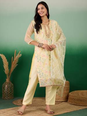 Beautifully embroidered yellowcolour organza fabric smart partywear ethnic suit 1