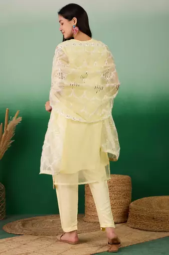 Beautifully embroidered yellowcolour organza fabric smart partywear ethnic suit