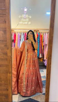 Women's designer thread hand work  Vichitra Silk crop top skirt with dupatta sets 1