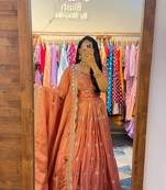 Women's designer thread hand work  Vichitra Silk crop top skirt with dupatta sets