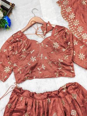 Women's designer thread hand work  Vichitra Silk crop top skirt with dupatta sets 3