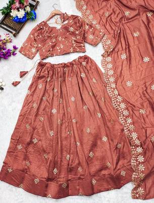 Women's designer thread hand work  Vichitra Silk crop top skirt with dupatta sets 4